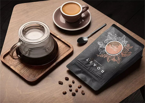 8 Sides Sealing Bag Black Coffee Pouch , Kraft Paper Coffee Bags With Air Valve