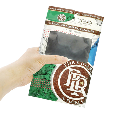Custom Resealable Foil Ziplock Three Side Seal Natural Leaf Cigar Wraps Moisturizing Plastic Packaging Bag with Clear Window