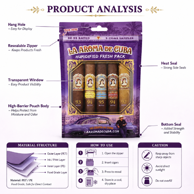 Large Cigar Humidor Bags Cigar Moisturizing Plastic Zipper Bags Made With OPP LDPE Laminated Material Providing Moisture Retention