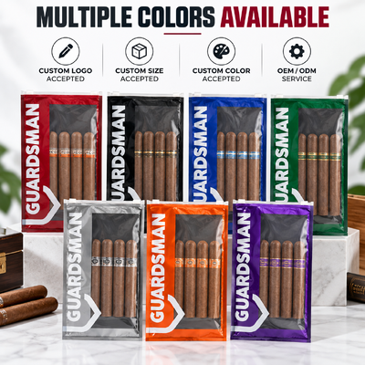 plastic cigar bags designed to hold 5 to 20 cigars depending on size and resealable cigar packaging bags