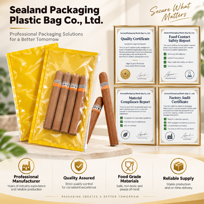 Food-grade TPU And PE plastic cigar bags integrated with inside humidity sheet providing moisture control and cigar preservation