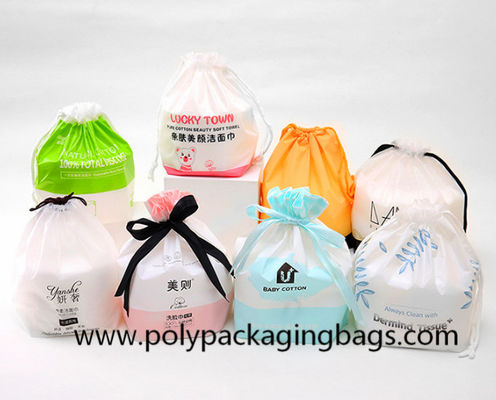 Frosted CPE White LDPE Ribbon Plastic  Drawstring Bags For Snacks Packaging