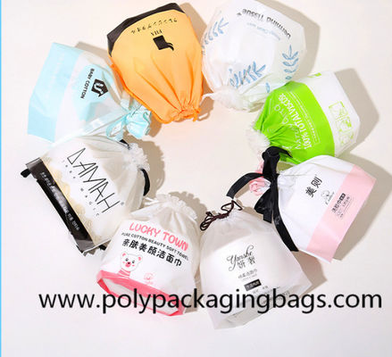 Frosted CPE White LDPE Ribbon Plastic  Drawstring Bags For Snacks Packaging