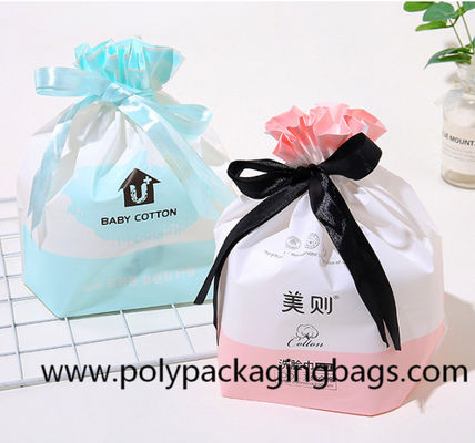 Frosted CPE White LDPE Ribbon Plastic  Drawstring Bags For Snacks Packaging